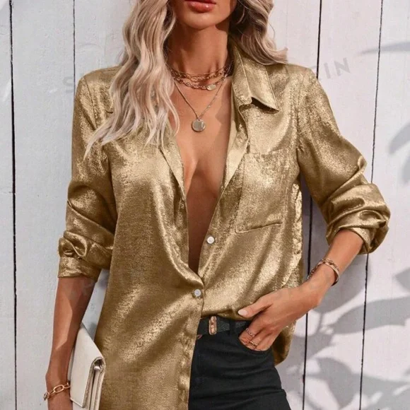 Rebellious Rose Gold Button Down Shirt - Picture 2 of 4